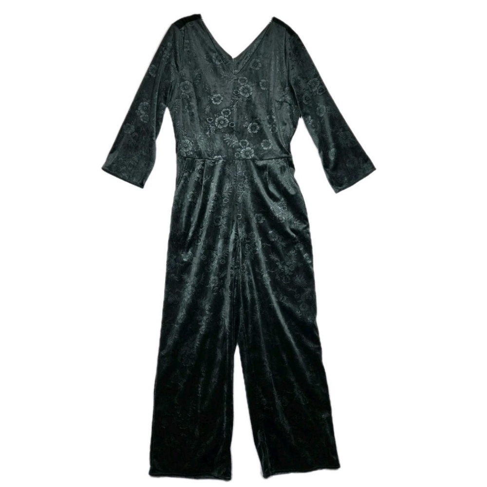 Soft Surroundings Leelah Velvet Jumpsuit Tall Med Floral Embossed Rich Green - Picture 2 of 13